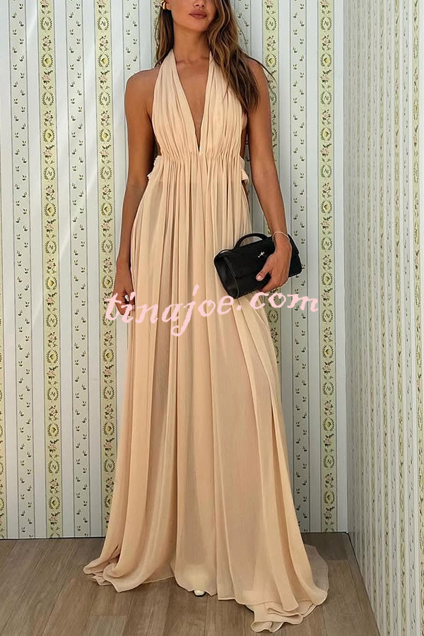 Ethereal Moment Tulle Cutout Ruched Waist Backless Halter Maxi Dress