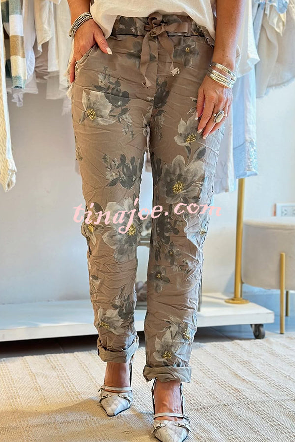 Floral Print Elastic Waist Casual Pocket Pants