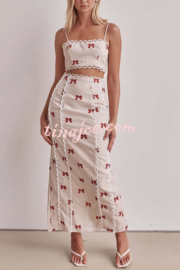 Rosa Linen Blend Bow Print Scallop Lace Trim Crop Tank and High Rise Slit Skirt Set