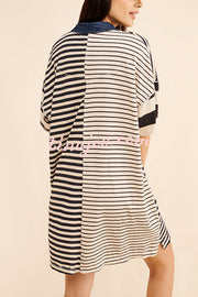 Contrast Striped Patchwork Denim Lapel Loose Casual Mini Dress