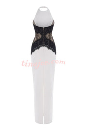 Sexy Halterneck Lace Paneled Backless Slim Maxi Dress