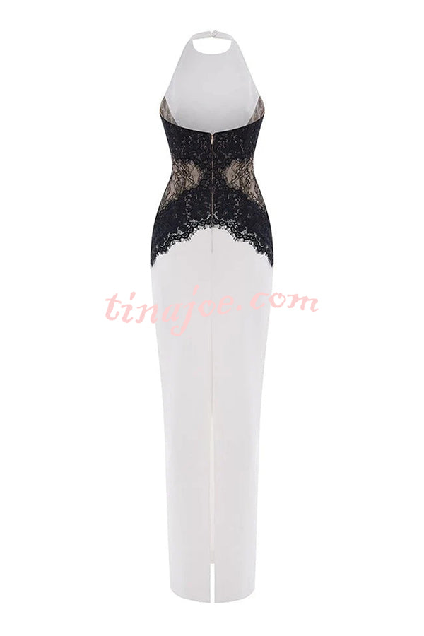 Sexy Halterneck Lace Paneled Backless Slim Maxi Dress
