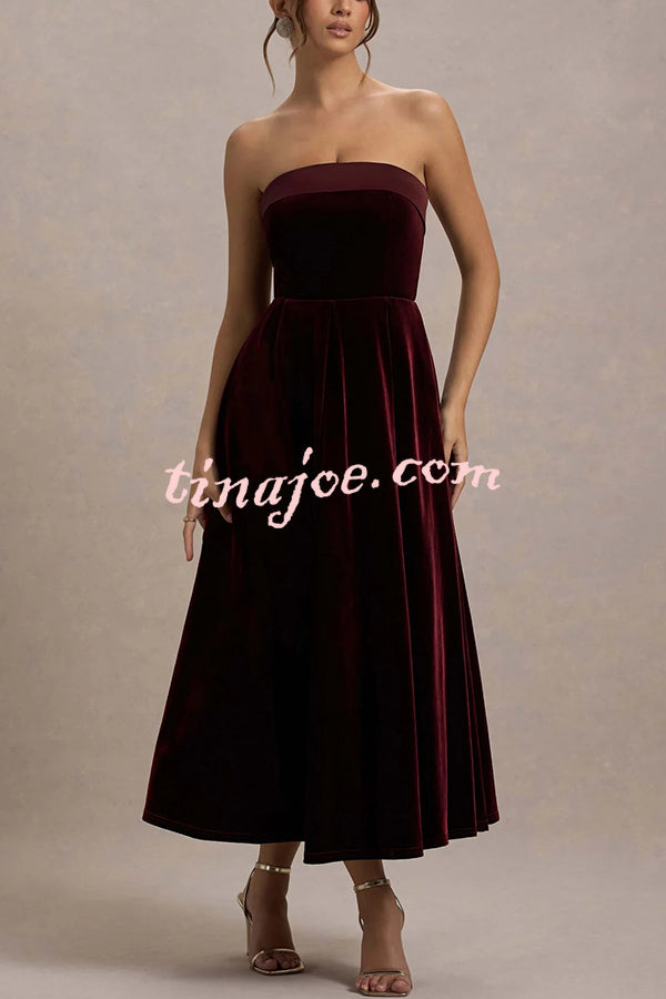 Center of Attention Velvet Satin Neck Bandeau Pleated Midi Dress