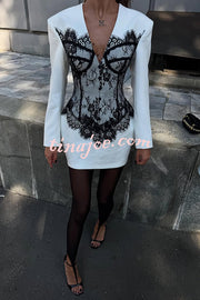 Saela Contrast Lace Corset Design V-neck Long Sleeve Tulip Mini Dress