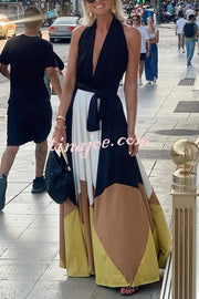 Fashion Colorblock Sexy Backless Tie Waist Full Hem Maxi Dress