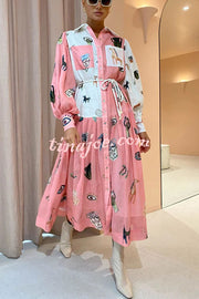 Playful Design Unique Print Balloon Sleeve Pocket Belt Shirt Midi Dress