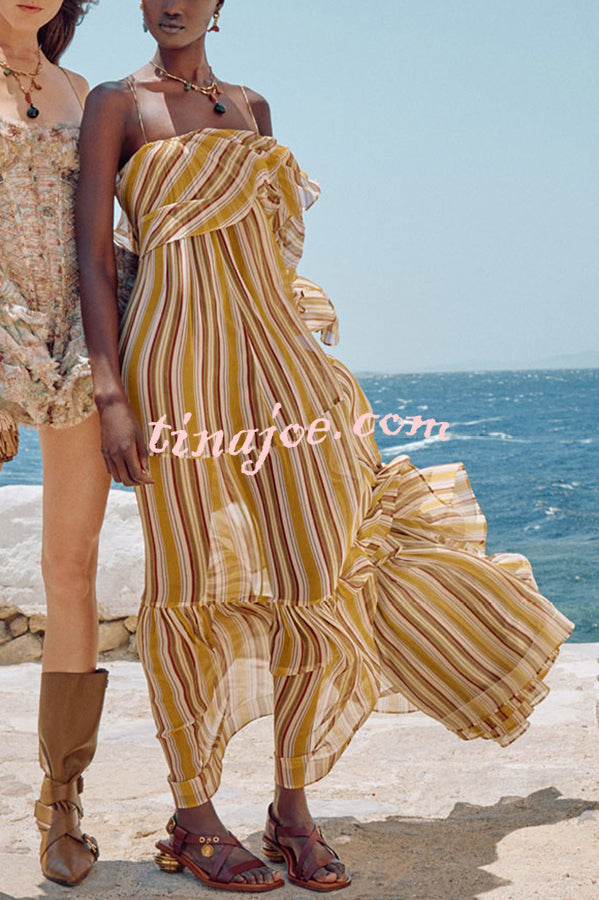 Eternal Joyful Chiffon Striped Print Ruffle Slip A-line Maxi Dress