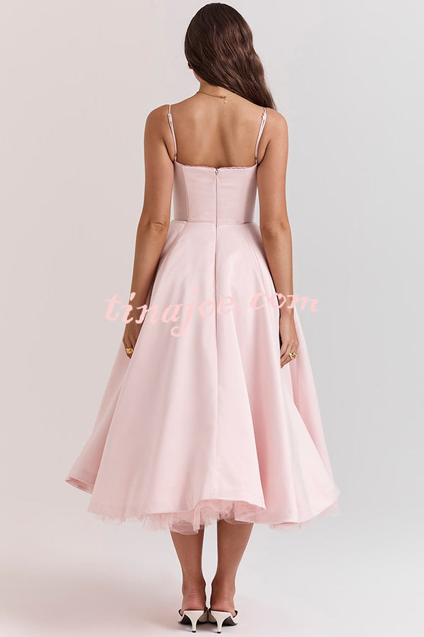 Fairytale Vibe Satin Patchwork Tulle Sweetheart Neck Pocket Stretch Midi Dress