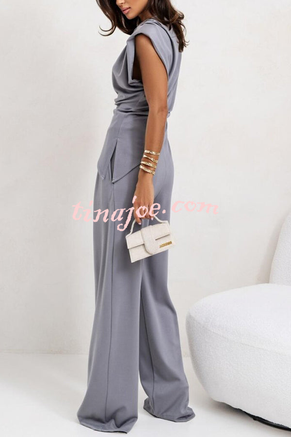 Jordy Ruched Shoulder Slit Top and Elastic Waist Pocketed Wide Leg Pants Set