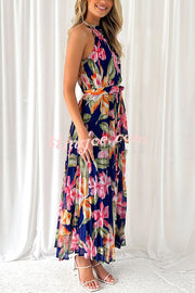 Delicate Floral Print Halterneck Lace Up Pleated Maxi Dress