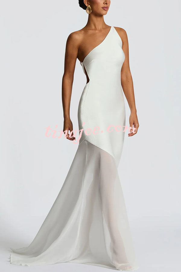 Fable Satin One Shoulder Back Adjustable Straps Contrast Chiffon Hem Maxi Dress