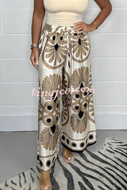 Satin Unique Printed Elastic Waist Tie Casual Vacation Loose Pants