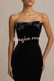 Illusion Velvet Bandeau neck Bow detail Stretch Maxi Dress