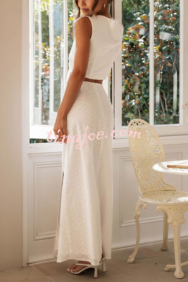 Solid Color Hollow Embroidery V-neck Lace-up Top and Slit Maxi Skirt Set