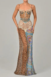 Chiffon Leopard Print Sexy Lace Splicing High Slit Slim Maxi Dress