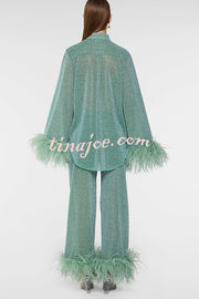 Glitter Fabric Feather Trim Long Sleeve Button Top and Elastic Waist Loose Straight Pants Set