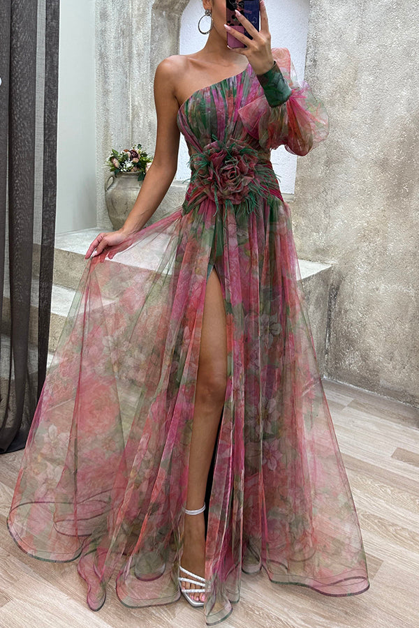 Picturesque Beauty Tulle Floral Pleated One Shoulder Sleeve Slit Maxi Dress