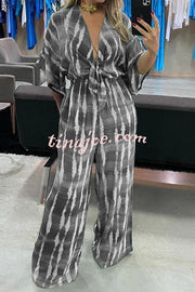 Striped Print V-Neck Lace-Up Casual Wide-Leg Jumpsuit