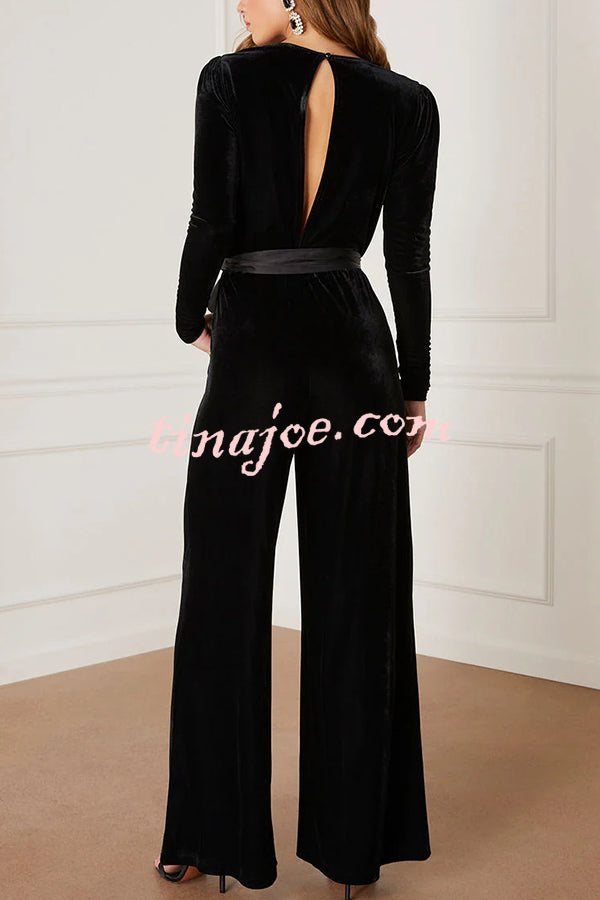 Love One Another Velvet Bow Belted Pocket Cutout Back Loose Jumpsuit