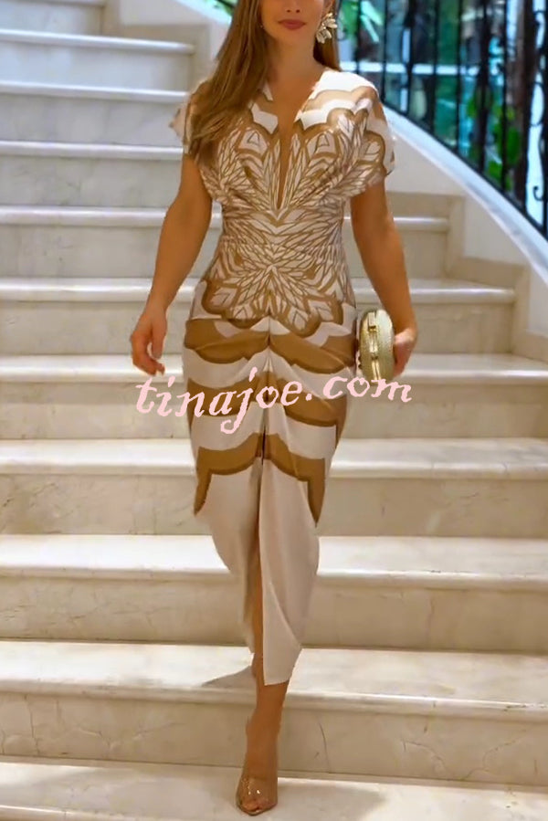 Feona Satin Unique Print V-neck Wide Sleeve Ruched Waist Slit Midi Dress