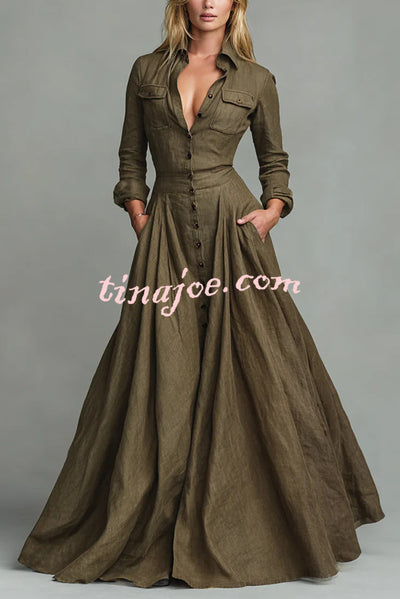 Linen Blend Lapel Pocket Single-breasted Shirt-style Casual Maxi Dress