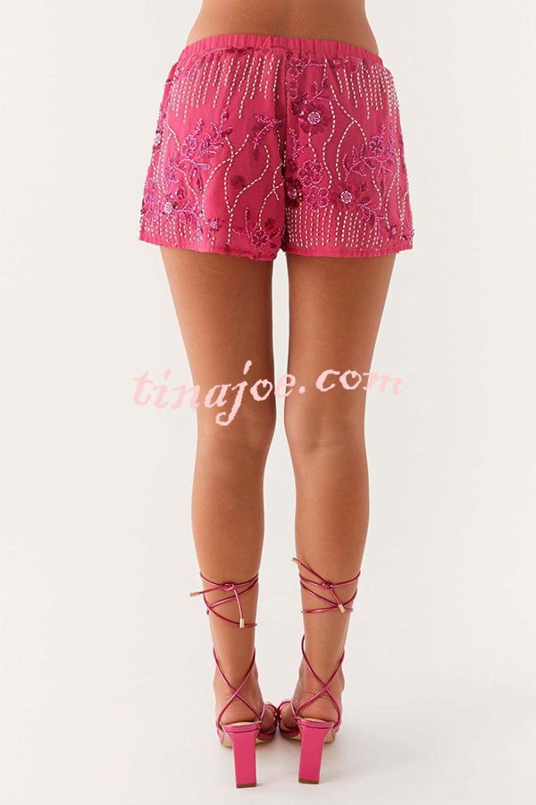 Dazzling Sequin Beaded Material Low Rise Elastic Waist Loose Shorts