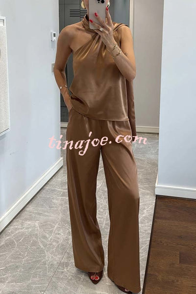 Kelson Satin Drape Neck One Shoulder Top and Elastic Waist Pocket Loose Pants Set