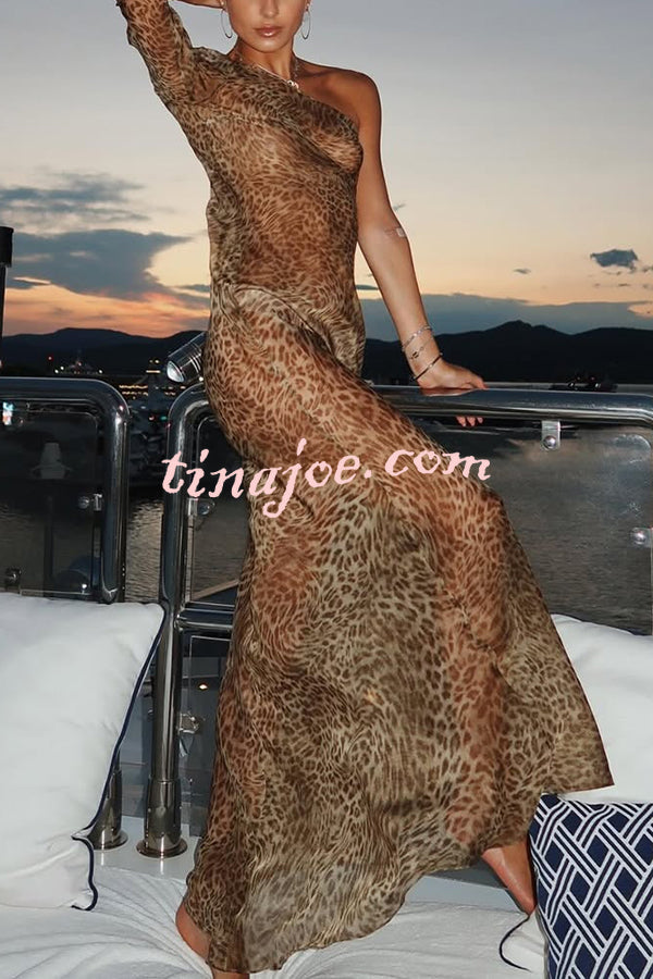 Leopard Print One Sleeve Sexy See-Through Fit Maxi Dress