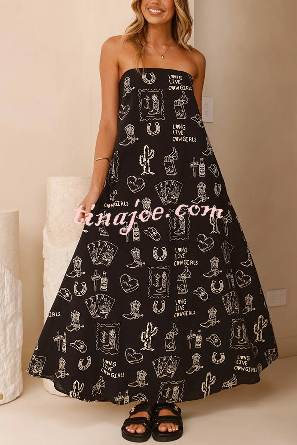 Unique Print Strapless Open Back Full Hem Maxi Dress