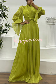 Ellah Shiny Fabric Chinese Stand Collar Twist Waist Balloon Sleeve Maxi Dress