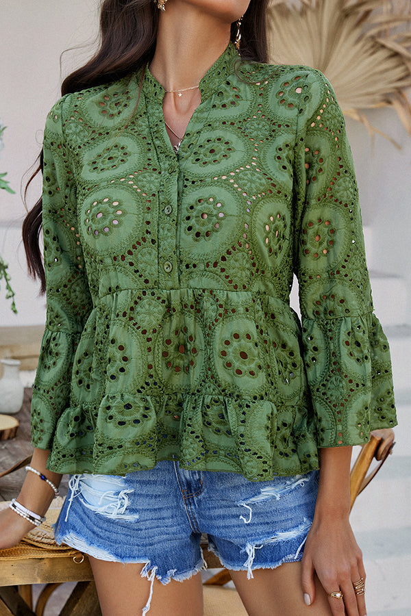 Solid Color Casual Resort Style Hollow V-neck Shirt