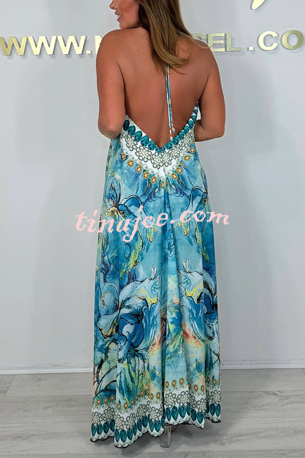 Unique Print V-neck Open Back Loose Maxi Dress