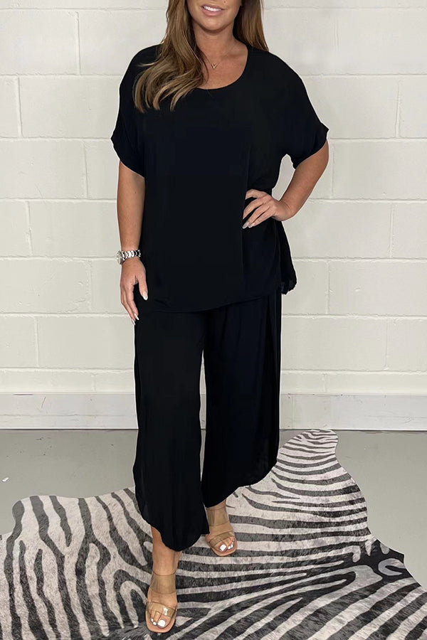 Solid Color Round Neck Short-sleeved Loose Top and Elastic Waist Casual Pants Set