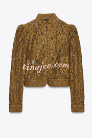 Palace Style Crochet Flower Lace Stand Neck Button Puff Sleeve Jacket