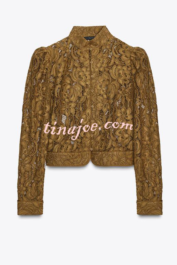 Palace Style Crochet Flower Lace Stand Neck Button Puff Sleeve Jacket