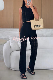 Solid Color Hollow Sleeveless Round Neck Knitted Vest and Stretch Casual Straight Pants Set