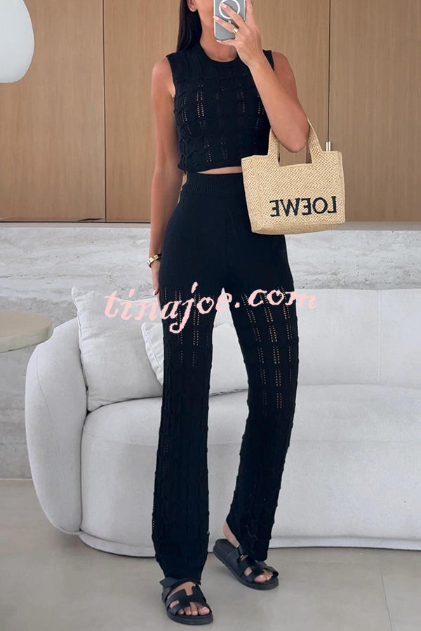Solid Color Hollow Sleeveless Round Neck Knitted Vest and Stretch Casual Straight Pants Set