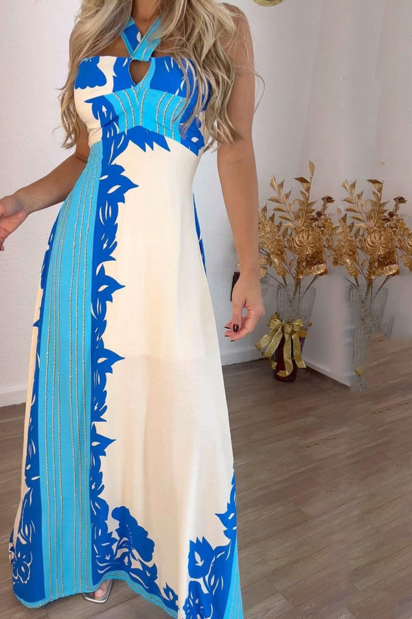 Unique Print Halter Neck Hollow Back Tie Maxi Dress