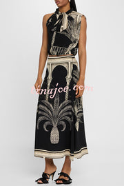 Satin Botanical Print Sleeveless Lounge Top and Midi Skirt Set