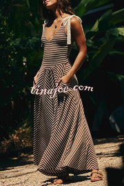 Striped Print V-Neck Lace-Up Backless Holiday Midi Dress