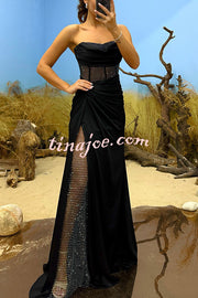 Essie Satin Rhinestone Patchwork Twist Waist Strapless Slit Maxi Dress