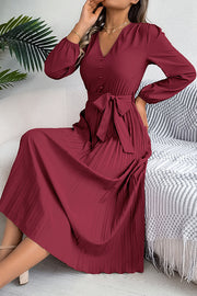 Solid Color Elegant V-neck Buttoned Lace-up Pleated Maxi Dress