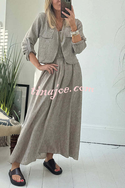 Solid Color Casual Short Jacket and Suspender Pleated Maxi Dress Set
