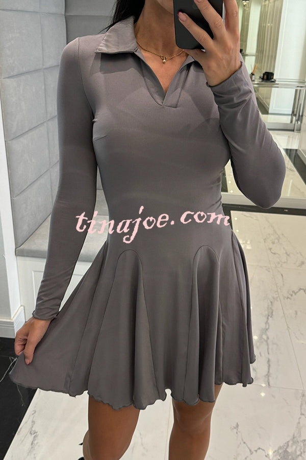 Solid Color Lapel Long Sleeve Slim Fit Waist Mini Dress