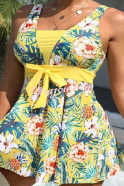 Cheerful Floral Print Bow Detail Tankini Swimsuit Set