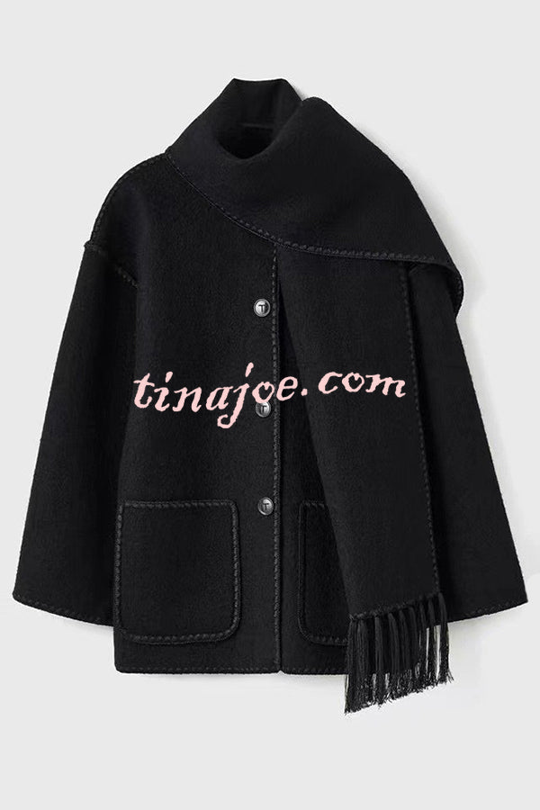 Stylish Loose Pocket Long Sleeve Coat and Warm Fringed Scarf