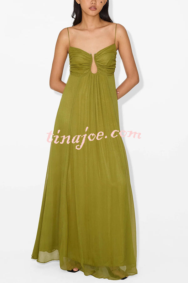 Soft and Elegant Metal Hollow Design Back Smocked A-line Slip Maxi Dress