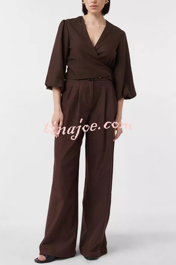 Lets Go Out Linen Blend Balloon Sleeve Wrap Tie-up Loose Top