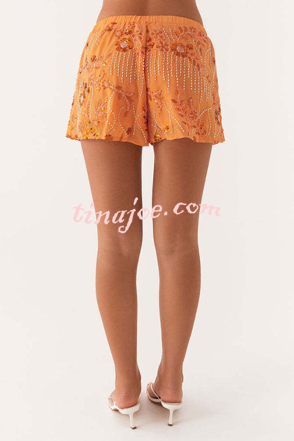 Dazzling Sequin Beaded Material Low Rise Elastic Waist Loose Shorts