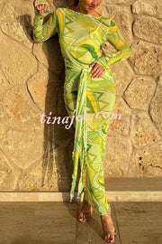 Nessie Mesh Unique Print Tie-up Waist Long Sleeve Stretch See-Through Maxi Dress